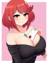 Rule 34 | 1girl, bare shoulders, between breasts, black shirt, bob cut, breasts, chest jewel, cleavage, highres, large breasts, looking at viewer, off shoulder, pyra (xenoblade), red eyes, red hair, shirt, short hair, smash invitation, smile, solo, t-shirt, the only shoe, xenoblade chronicles (series), xenoblade chronicles 2