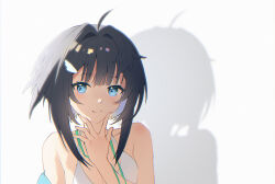 Rule 34 | 1girl, ahoge, ai (zerozeronii), arknights, bikini, black hair, blue eyes, blush, closed mouth, collarbone, hair intakes, hand on own face, hand up, highres, la pluma (arknights), la pluma (summer flowers) (arknights), long bangs, looking at viewer, medium hair, off shoulder, shadow, sidelocks, simple background, smile, solo, squishing, swimsuit, upper body, white background, white bikini, wing hair ornament