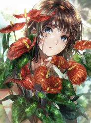 Rule 34 | 1girl, blue eyes, brown hair, character request, clenched teeth, confused, floral print, flower, flower request, full body, highres, holding, holding flower, long hair, looking at viewer, ocean, original, petals, photo-referenced, photo (medium), plant, realistic, rose, rose print, shirt, sleeveless, sleeveless shirt, solo, teeth, yellow eyes, zasso (z87 w)