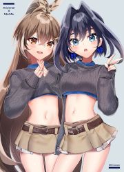Rule 34 | 2girls, belt, black hair, blue eyes, blue hair, blue shirt, blush, bow, bow earrings, brown belt, brown eyes, brown hair, brown skirt, cropped shirt, cropped sweater, earrings, feather hair ornament, feathers, grey sweater, hair between eyes, hair intakes, hair ornament, highres, hololive, hololive english, jewelry, kimuouoo, long hair, long sleeves, looking at viewer, midriff, miniskirt, multicolored hair, multiple girls, nanashi mumei, navel, open mouth, ouro kronii, ponytail, ribbon earrings, rune hair ornament, runes, shirt, short hair, side-by-side, simple background, skirt, sleeves past fingers, sleeves past wrists, standing, steepled fingers, stomach, streaked hair, sweater, twitter username, v, very long hair, virtual youtuber, white hair