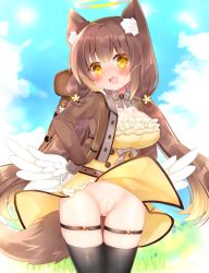 Rule 34 | 1girl, angel wings, animal ear fluff, animal ears, backpack, bag, black thighhighs, blue sky, blush, breasts, brown hair, brown jacket, censored, cleavage, clothes lift, cloud, cropped jacket, day, dress, dress lift, fang, feathered wings, frilled dress, frills, hair between eyes, halo, hands on own hips, jacket, long hair, long sleeves, low twintails, low wings, medium breasts, mosaic censoring, no panties, open clothes, open jacket, open mouth, original, outdoors, pussy, shikito (yawa0w0), skindentation, sky, solo, tail, thighhighs, twintails, v-shaped eyebrows, very long hair, white wings, wind, wind lift, wings, yellow dress, yellow eyes