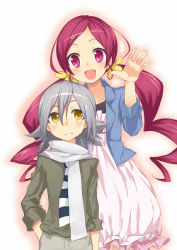 10s 1boy 1girl blush chiroru_(7450n) grey_hair hanasaki_tsubomi heartcatch_precure! long_hair looking_at_viewer olivier_(heartcatch_precure!) open_mouth pink_eyes pink_hair precure scarf short_hair twintails yellow_eyes