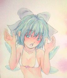 Rule 34 | 1girl, bikini, blue eyes, blue hair, bow, breasts, cirno, cleavage, collarbone, flat chest, front-tie bikini top, front-tie top, hair bow, hands up, highres, ice, ice wings, looking at viewer, matching hair/eyes, open mouth, painting (medium), pink background, short hair, solo, swimsuit, touhou, traditional media, upper body, watercolor (medium), white bikini, wings, yuyu (00365676)
