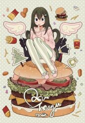 Rule 34 | 1girl, alternate costume, asui tsuyu, black eyes, blush, boku no hero academia, breasts, burger, character name, chicken nuggets, closed mouth, commentary request, food, french fries, frog, full body, green hair, hair ornament, hairclip, long hair, long sleeves, looking at viewer, medium breasts, mia0309, pink footwear, pink shirt, shirt, simple background, sitting, sitting on food, solo, tokoyami fumikage, tongue, tongue out