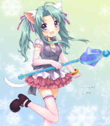 Rule 34 | 1girl, animal ears, bad id, bad pixiv id, blue eyes, bracelet, breasts, cat ears, cat tail, cleavage, elbow gloves, frills, gloves, green hair, hair ribbon, jewelry, long hair, magical girl, medium breasts, original, ribbon, skirt, solo, tail, thighhighs, twintails, usashiro mani, vest, wand, zettai ryouiki