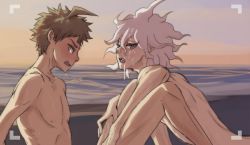 Rule 34 | 2boys, after fellatio, beach, blush, brown hair, completely nude, cum, danganronpa (series), danganronpa 2: goodbye despair, facial, from side, green eyes, grey hair, hinata hajime, knees up, komaeda nagito, looking at another, looking at viewer, male focus, messy hair, multiple boys, nude, ocean, open mouth, outdoors, topless male, sitting, smile, spiked hair, white hair, yandr4hope, yaoi