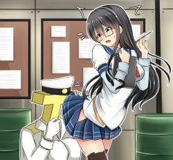 Rule 34 | 10s, 1boy, 1girl, baretto (karasi07), black hair, blue eyes, blue skirt, blush, board, breasts, clipboard, clothes lift, commentary request, drum (container), glasses, gloves, hair between eyes, hairband, hat, hip vent, kantai collection, long hair, long sleeves, looking back, medium breasts, military, military uniform, miniskirt, no panties, ooyodo (kancolle), open mouth, pen, pleated skirt, school uniform, semi-rimless eyewear, serafuku, short sleeves, skirt, skirt lift, squatting, sweatdrop, t-head admiral, thighhighs, under-rim eyewear, uniform, white gloves