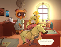 Rule 34 | 1boy, 1girl, animal crossing, blush, breasts, bulge, english text, full-package futanari, furry, futanari, futanari, huge penis, isabelle (animal crossing), large breasts, large testicles, nintendo, penis, slice of life, solo focus, speech bubble, starykrow, sweat, testicles, thick thighs, thighs, tom nook (animal crossing), veins, veiny penis