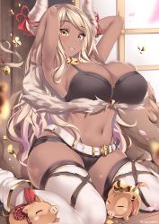 Rule 34 | 1girl, armpits, arms up, bell, black panties, blonde hair, blush, breasts, cleavage, commentary request, crop top, dark skin, dark-skinned female, draph, closed eyes, fur trim, granblue fantasy, highres, horns, huge breasts, jewelry, kanachirou, kumbhira (granblue fantasy), light smile, long hair, micro shorts, navel, necklace, panties, parted lips, pig, pointy ears, seiza, shorts, sitting, solo, thighhighs, underwear, very long hair, yellow eyes