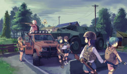 Rule 34 | 6+girls, absurdres, aiming, ak-47, animal hat, armored personnel carrier, armored vehicle, assault rifle, backpack, bag, black eyes, blonde hair, blue hair, blush, bolt action, brown hair, cigarette, cloud, cloudy sky, crate, denim, denim skirt, earbuds, earphones, explosive, fence, fingerless gloves, foregrip, garter straps, glasses, gloves, green eyes, green hair, grenade, gun, hair ornament, hairclip, handgun, hat, helmet, highres, holding, holster, hood, hoodie, house, kalashnikov rifle, knee pads, load bearing vest, long hair, looking at another, looking back, looking to the side, m4 carbine, map, military, military vehicle, motor vehicle, mouth hold, multiple girls, on vehicle, open mouth, opening door, original, outdoors, pickup truck, pink eyes, pistol, pointing, ponytail, pouch, power lines, purple hair, rifle, road, road sign, roadblock, school uniform, scope, serafuku, short hair, shorts, sign, sitting, skirt, skirt grab, sky, smoking, suppressor, surprised, thigh holster, thigh pouch, thighhighs, tree, truck, utility pole, weapon, weapon request, white hair, white legwear, zhongye yu