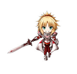 Rule 34 | blonde hair, blush, chibi, dress, fate/stay night, fate (series), highres, kuena, long hair, mordred (fate), mordred (fate/apocrypha), red eyes, smile, sword, warrior, weapon