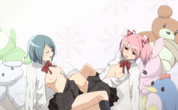 Rule 34 | 10s, 2girls, :3, abstract background, artist request, black legwear, black skirt, blue hair, bow, breasts, closed eyes, flat chest, hair ribbon, kaname madoka, lace, lace-trimmed legwear, lace trim, long sleeves, mahou shoujo madoka magica, miki sayaka, multiple girls, nipples, open clothes, open mouth, open shirt, pink eyes, pleated skirt, red bow, red ribbon, ribbon, school uniform, shirt, short hair, short twintails, skirt, small breasts, socks, stuffed animal, stuffed toy, teddy bear, thighhighs, twintails, white legwear, white shirt, yuri