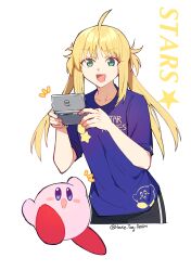 Rule 34 | 1girl, ahoge, artoria caster (fate), artoria pendragon (fate), blonde hair, blue shirt, breasts, clothes writing, fate/grand order, fate (series), green eyes, handheld game console, highres, house tag denim, kirby, kirby (series), long hair, looking at viewer, nintendo, nintendo ds, open mouth, shirt, short sleeves, small breasts, smile, twintails