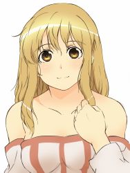 Rule 34 | 1girl, arc the lad, arc the lad ii, bare shoulders, blonde hair, blush, breasts, brown eyes, closed mouth, dress, highres, lieza (arc the lad), long hair, looking at viewer, shimura (hosshi), simple background, smile, solo, white background