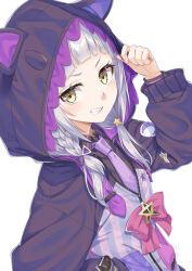 Rule 34 | 1girl, animal ears, animal hood, arm up, black jacket, black shirt, bow, brown eyes, collared shirt, commentary request, fake animal ears, grey hair, grin, hair ornament, hair over shoulder, hololive, hood, hood up, hooded jacket, jacket, long hair, long sleeves, looking at viewer, low twintails, miri (ago550421), murasaki shion, necktie, pink bow, puffy long sleeves, puffy sleeves, purple necktie, shirt, simple background, smile, solo, star (symbol), star hair ornament, striped clothes, striped jacket, twintails, v-shaped eyebrows, vertical-striped clothes, vertical-striped jacket, virtual youtuber, white background