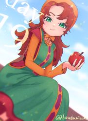 Rule 34 | 1girl, apple, breasts, closed mouth, curly hair, dragon quest, dragon quest vii, dress, food, fruit, green eyes, highres, hood, jewelry, kasebumisan, long hair, looking at viewer, maribel (dq7), orange hair, ring, solo
