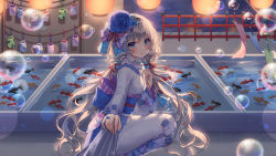 Rule 34 | 1girl, backlighting, bad id, bad pixiv id, bag, blue eyes, blue flower, blue rose, blush, bow, bubble, character request, copyright request, drawstring bag, ema, festival, fish, flower, frilled kimono, frills, goldfish, goldfish scooping, hair bow, hair flower, hair ornament, hand on own chest, highres, japanese clothes, jewelry, kimono, kinchaku, lantern, long hair, looking at viewer, obi, paper lantern, pouch, ring, rose, sash, shiro albino, solo, squatting, tanzaku, tug, very long hair, water, wavy hair, white hair, white kimono, wind chime