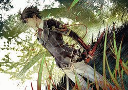 Rule 34 | 10s, 1boy, black hair, blue eyes, double-breasted, dutch angle, grass, horikawa kunihiro, male focus, personification, profile, sheath, solo, touken ranbu, tree, xiling