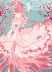 Rule 34 | 1girl, blush, breasts, closed mouth, day, dress, hair between eyes, hair bobbles, hair ornament, houseki no kuni, large breasts, looking at viewer, matching hair/eyes, narue, no lineart, pastel colors, pink eyes, pink hair, smile, solo, ventricosus