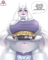 Rule 34 | asten-94, big belly, blush, breasts, choker, food, freckles, furry, furry female, goat girl, highres, holding, holding food, horns, large breasts, mature female, mole, mole under mouth, plump, red eyes, speech bubble, thick thighs, thighs, toriel, undertale, white fur