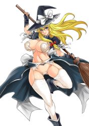 Rule 34 | 1girl, alternate costume, arm ribbon, black footwear, black gloves, blonde hair, blue eyes, blush, boots, bow, breasts, broom, covered erect nipples, curvy, female focus, fingerless gloves, frilled hat, frills, garter belt, gloves, hair bow, hat, hat bow, highres, kirisame marisa, large breasts, leg up, lips, long hair, looking at viewer, micro panties, musashino sekai, navel, panties, puffy short sleeves, puffy sleeves, revealing clothes, ribbon, short sleeves, showgirl skirt, simple background, solo, stomach, thick thighs, thighhighs, thighs, thong, toned, touhou, underwear, white background, white panties, white thighhighs, wide hips, witch hat