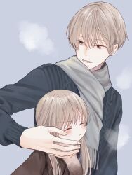 Rule 34 | 1boy, 1girl, age difference, blush, breath, closed eyes, couple, grey eyes, grey hair, hetero, highres, long hair, long sleeves, looking at another, original, scarf, short hair, simple background, smile, sweater, upper body, waramugu