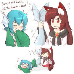 Rule 34 | + +, 2girls, :3, ?, animal ears, blue hair, blush, brooch, brown hair, closed eyes, dress, drooling, english text, fang, fang out, fins, head fins, highres, imaizumi kagerou, japanese clothes, jewelry, kimono, long hair, long sleeves, mermaid, monster girl, multiple girls, obi, open mouth, red eyes, saliva, salt shaker, sash, short hair, smile, tail, tail grab, touhou, wakasagihime, wide sleeves, wolf ears, wolf tail, wool (miwol)