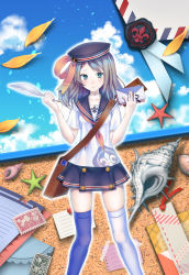 Rule 34 | 1girl, :&gt;, asymmetrical legwear, bag, blue eyes, blue hair, blue hat, blue skirt, blue thighhighs, blush, bookmark, bulletin board, closed mouth, cloud, collarbone, commentary request, conch, daisan oujo, day, fleur-de-lis, fleur-de-lis print, hair ornament, hairclip, hat, head tilt, highres, holding, holding letter, letter, long hair, looking at viewer, mismatched legwear, original, outline, pleated skirt, postage stamp, pushpin, quill, sailor collar, seashell, shell, shirt, short sleeves, skirt, sky, smile, solo, standing, swept bangs, thighhighs, white shirt, white thighhighs