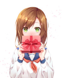 Rule 34 | 1girl, absurdres, blush, brown hair, commentary request, gift, highres, holding, holding gift, long sleeves, medium hair, original, sarika, shirt, simple background, solo, white background, white day, white shirt, yellow eyes