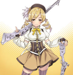 Rule 34 | 10s, 1girl, beret, blonde hair, breasts, drill hair, gloves, gun, hair ornament, hat, highres, holding, holding gun, holding weapon, large breasts, long hair, looking at viewer, magical girl, magical musket, mahou shoujo madoka magica, mahou shoujo madoka magica (anime), matsuryuu, musket, skirt, smile, solo, striped clothes, striped thighhighs, thighhighs, tomoe mami, trigger discipline, twin drills, twintails, vertical-striped clothes, vertical-striped thighhighs, weapon, yellow eyes