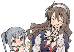 Rule 34 | 2girls, ashigara (kancolle), blush, breasts, brown eyes, brown hair, closed eyes, double thumbs up, gloves, grey hair, grin, hair ribbon, hairband, harukaze unipo, height difference, kantai collection, kasumi (kancolle), kasumi kai ni (kancolle), long hair, long sleeves, medium breasts, multicolored neckerchief, multicolored neckwear, multiple girls, neckerchief, open mouth, ponytail, ribbon, side ponytail, simple background, smile, sweat, thumbs up, white background, white gloves, white hairband
