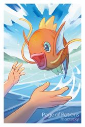 Rule 34 | 1other, artist name, border, cloud, commentary, creatures (company), day, english commentary, fish, game freak, gen 1 pokemon, magikarp, mootecky, nintendo, open mouth, outdoors, outstretched hand, pokemon, pokemon (creature), sky, sparkle, tongue, water, water drop, white border