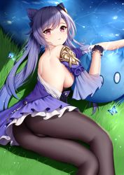 Rule 34 | 1girl, arm rest, ass, bare shoulders, black gloves, black pantyhose, breasts, bug, butterfly, cameltoe, cone hair bun, detached sleeves, double bun, dress, genshin impact, gloves, grass, hair bun, hair ornament, highres, insect, keqing (genshin impact), long hair, looking at viewer, lying, medium breasts, monster, on side, pantyhose, parted lips, purple dress, purple eyes, purple hair, sideboob, slime, solo, twintails, water, wsman