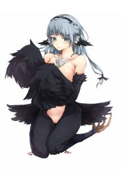 Rule 34 | 1girl, animal ears, bare shoulders, blue eyes, blue hair, breasts, collarbone, feathers, harpy, headdress, highres, kneehighs, matching hair/eyes, monster girl, open mouth, original, pussy, simple background, socks, solo, talons, uncensored, winged arms, wings, zhu fun