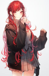 Rule 34 | 1girl, absurdres, blush, hair ornament, hairclip, highres, holding, holding phone, jacket, kuwashima rein, long hair, looking at viewer, necktie, open clothes, open jacket, original, phone, pleated skirt, red eyes, red hair, skirt, sleeves past wrists, solo, white background