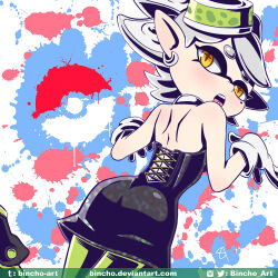 Rule 34 | 1girl, artist name, ass, back, bare arms, bare shoulders, bincho, black dress, bow-shaped hair, detached collar, dress, earrings, food, food on head, gloves, green pantyhose, grey hair, hoop earrings, inkling, jewelry, looking back, marie (splatoon), mole, mole under eye, nintendo, object on head, pantyhose, pointy ears, poke ball symbol, short dress, shoulder blades, solo, splatoon (series), squid girl, strapless, strapless dress, sushi, swept bangs, tentacle hair, thick eyebrows, white gloves, yellow eyes