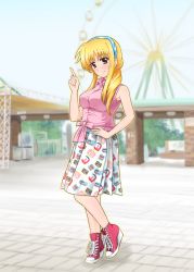 Rule 34 | 00s, 1girl, blonde hair, blurry, blush, breasts, day, depth of field, diesel-turbo, eyebrows, fate testarossa, full body, high heels, long hair, looking at viewer, lyrical nanoha, mahou shoujo lyrical nanoha strikers, mizuki nana, outdoors, red eyes, sleeveless, solo, standing, standing on one leg, voice actor connection, wedge heels
