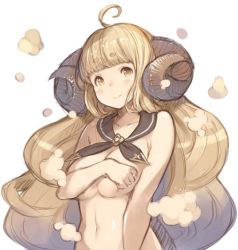 Rule 34 | 10s, 1girl, ahoge, anila (granblue fantasy), blonde hair, blunt bangs, blush, breasts, collarbone, covering privates, covering breasts, draph, eyebrows, female focus, granblue fantasy, hanarito, horns, jpeg artifacts, large breasts, long hair, navel, nude, sheep horns, short eyebrows, smile, solo, thick eyebrows, upper body, yellow eyes