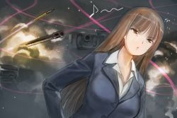 Rule 34 | 1girl, a1 (initial-g), black jacket, blunt bangs, brown eyes, brown hair, commentary, dress shirt, dutch angle, eighth note, formal, frown, girls und panzer, glaring, half-closed eyes, jacket, light particles, long hair, long sleeves, mature female, military, military vehicle, motor vehicle, musical note, nishizumi shiho, parted lips, projectile trail, shirt, smoke, solo, straight hair, suit, tank, tank shell, tracer ammunition, white shirt