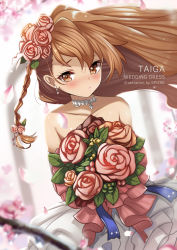 Rule 34 | 1girl, absurdres, aisaka taiga, bare shoulders, blurry, blurry background, blush, bouquet, braid, brown eyes, brown hair, character name, commentary, dress, eyebrows hidden by hair, flower, frills, hair flower, hair ornament, highres, holding, holding bouquet, long hair, looking at viewer, parted lips, petals, ribbon, solo, spiz, strapless, strapless dress, toradora!, wedding dress, white dress