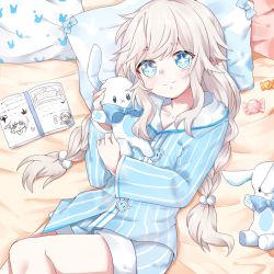 Rule 34 | 1girl, alternate costume, blue eyes, book, braid, candy, elsword, eyebrows, food, heart, low twintails, luciela r. sourcream, lying, pajamas, pohao, pointy ears, smile, stuffed animal, stuffed toy, symbol-shaped pupils, twintails, white hair