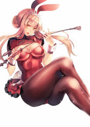 Rule 34 | 1girl, alternate costume, amane ruri, animal ears, black pantyhose, blunt bangs, breasts, cleavage, commentary request, crossed legs, fake animal ears, fate/grand order, fate (series), head tilt, highres, holding, holding riding crop, leotard, long hair, looking at viewer, medb (fate), medium breasts, open mouth, pantyhose, pink hair, playboy bunny, rabbit ears, rabbit tail, red leotard, riding crop, sidelocks, simple background, sitting, smile, solo, strapless, strapless leotard, tail, tiara, white background, wrist cuffs, yellow eyes