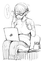 Rule 34 | 1girl, adjusting eyewear, belly, blush, breasts, computer, eating, elf, elf-san wa yaserarenai., erufuda-san, fat rolls, food, food on face, glasses, greyscale, highres, laptop, large breasts, monochrome, muffin top, plump, pointy ears, simple background, sitting, solo, synecdoche, white background