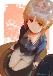 Rule 34 | 1girl, arm support, blush, border, breast pocket, breasts, brown eyes, brown hair, closed mouth, from above, girls und panzer, green undershirt, hatch, jacket, light smile, long sleeves, looking at viewer, medium breasts, military, military uniform, miniskirt, nishizumi miho, ooarai military uniform, ooarai school uniform, open hatch, pleated skirt, pocket, school uniform, shirt, short hair, sitting, skirt, smile, solo, twitter username, uniform, white border, yurikuta tsukumi