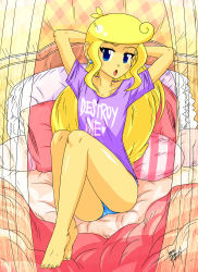 Rule 34 | 1girl, absurdres, bed, blonde hair, blue eyes, blush, commentary, curtains, earrings, highres, i am jemboy, jewelry, long hair, pillow, reclining, solo, tsunderella (i am jemboy)