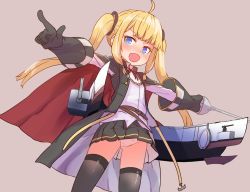 Rule 34 | &gt;:d, 1girl, :d, ahoge, amazon (azur lane), azur lane, belt, black gloves, black skirt, black thighhighs, blonde hair, blue eyes, blunt bangs, blush, cape, commentary request, cowboy shot, fang, gloves, gluteal fold, holding, holding sword, holding weapon, long hair, long sleeves, looking at viewer, neck ribbon, open mouth, outstretched arms, panties, pantyshot, pink background, pleated skirt, pointing, rapier, red cape, red ribbon, ribbon, shirt, simple background, skirt, smile, solo, spread arms, standing, sumiyao (amam), sword, thighhighs, twintails, underwear, v-shaped eyebrows, weapon, white panties, white shirt
