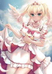 Rule 34 | 1girl, akai haato, akai haato (6th costume), angel, angel wings, beimulakia, blonde hair, blue eyes, breasts, choker, cleavage, clothes lift, commentary, dress, eyes visible through hair, feathered wings, feathers, haaton (akai haato), hair ornament, highres, hololive, large breasts, looking at viewer, short twintails, skirt, skirt lift, stuffed toy, tiara, twintails, virtual youtuber, white choker, white dress, wings