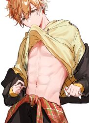 Rule 34 | 1boy, abs, black jacket, black pants, blonde hair, clothes lift, earrings, highres, hood, hoodie, jacket, jewelry, long sleeves, male focus, momiji 11 12, mouth hold, multicolored hair, muscular, muscular male, navel, navel piercing, orange hair, pants, piercing, project sekai, shinonome akito, shirt lift, solo, stomach, yellow eyes, yellow hoodie