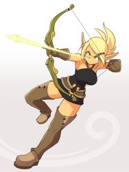 Rule 34 | 1girl, arrow (projectile), bare shoulders, blonde hair, boots, bow (weapon), breasts, brown gloves, brown thighhighs, cra (wakfu), drawing bow, dress, evangelyne (wakfu), freckles, gloves, gradient background, green eyes, hair ornament, hairclip, highres, holding, holding bow (weapon), holding weapon, large breasts, nestkeeper, official style, pointy ears, short dress, short hair, solo, thigh boots, thighhighs, wakfu, weapon, zettai ryouiki