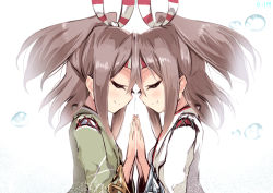 Rule 34 | 10s, 2girls, amano kouki, blush, bright background, bubble, camouflage, commentary request, dated, dual persona, closed eyes, flat chest, forehead-to-forehead, hachimaki, holding hands, headband, heads together, high ponytail, highres, japanese clothes, kantai collection, light brown hair, long hair, long sleeves, multiple girls, ponytail, upper body, zuihou (kancolle)
